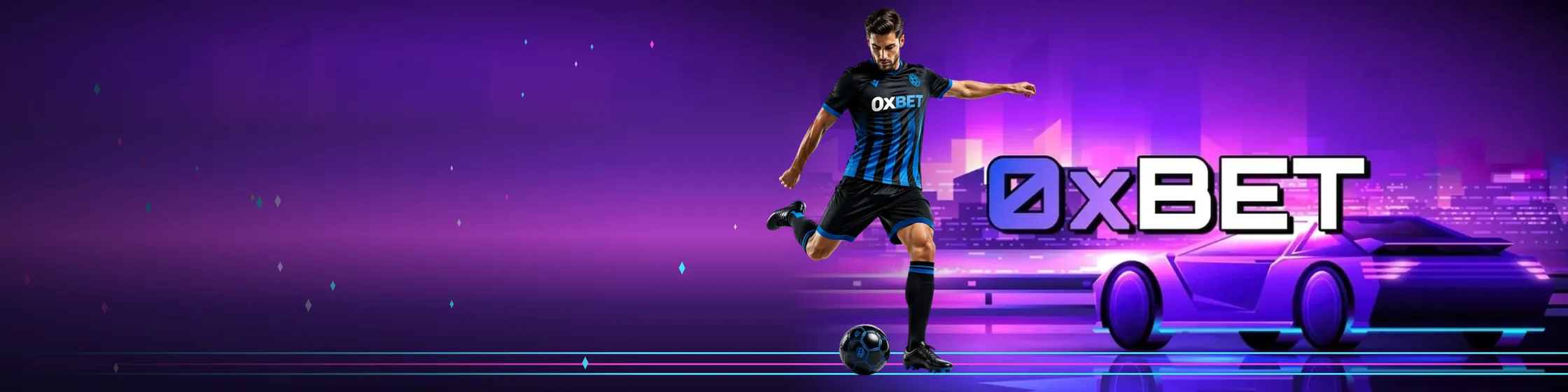Synthwave stad met Oxbet voetballer en neonlichten